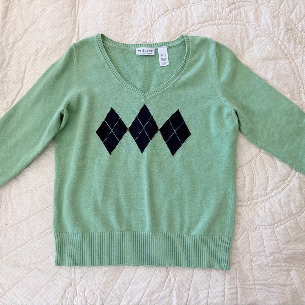 Liz Claiborne Green Argyle V-Neck Sweater
